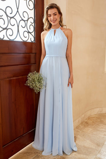 A Line Halter Floor Length Chiffon Bridesmaid Dress with Open Back